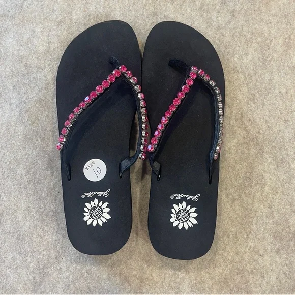 Yellow Box Rhinestone Leather Strap Back Hot Pink Comfort Flip Flops Size 10 - Picture 5 of 9